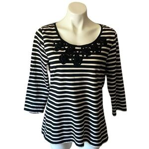 Charter Club Black & White Striped 3/4 Sleeve Pullover Top Size Large Cotton
